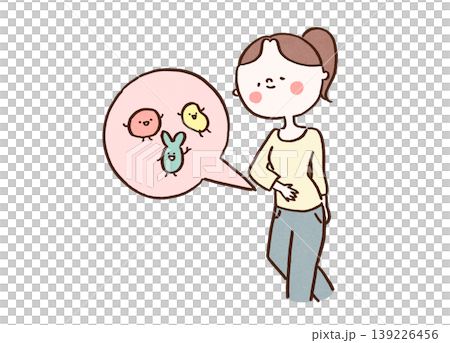An illustration of a woman with healthy digestive health due to active beneficial bacteria in her gut (gut health/inner beauty). An illustration of a woman with healthy digestive health due to active beneficial bacteria in her gut (gut health/inner beauty). 139226456