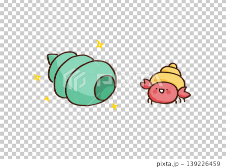 An illustration of a hermit crab rejoicing at finding a new, larger shell than itself (career advancement/office relocation) 139226459
