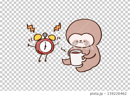 An illustration of a sloth leisurely sipping warm tea, oblivious to the ringing alarm clock (slow life). An illustration of a sloth leisurely sipping warm tea, oblivious to the ringing alarm clock (slow life). 139226462
