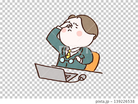 PC作業による眼精疲労でメガネを外して頭を抱えるビジネスマンのイラスト PC作業による眼精疲労でメガネを外して頭を抱えるビジネスマンのイラスト 139226538