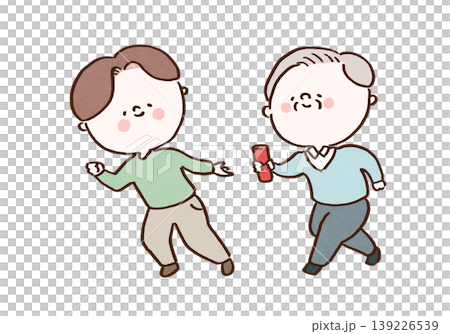 おじいちゃんから息子へリレーのようにバトンを手渡すイラスト(世代交代・事業承継・生前贈与) おじいちゃんから息子へリレーのようにバトンを手渡すイラスト(世代交代・事業承継・生前贈与) 139226539