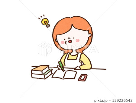 机でノートを開き勉強中に新しいアイデアをひらめいたミドル世代女性のイラスト(リスキリング・学び直し) 机でノートを開き勉強中に新しいアイデアをひらめいたミドル世代女性のイラスト(リスキリング・学び直し) 139226542