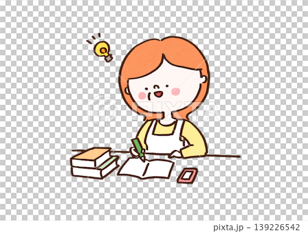 机でノートを開き勉強中に新しいアイデアをひらめいたミドル世代女性のイラスト(リスキリング・学び直し) 机でノートを開き勉強中に新しいアイデアをひらめいたミドル世代女性のイラスト(リスキリング・学び直し) 139226542