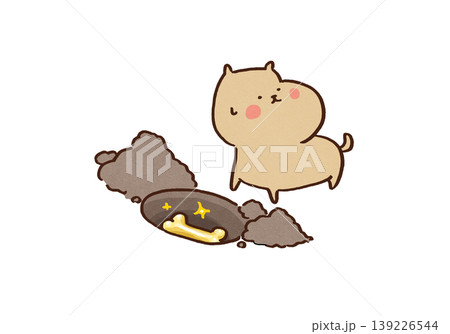 金色の骨を他の人に見つからないよう穴に埋めて隠す犬のイラスト（へそくり・資産防衛・秘密） 139226544
