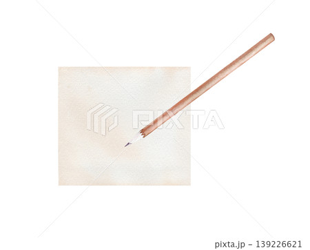Hand-painted watercolor illustration wiht a sharp wooden pencil lying on a square piece of textured paper. Minimalist aesthetic with realistic textures, isolated on a white background. For bullet Hand-painted watercolor illustration wiht a sharp wooden pencil lying on a square piece of textured paper. Minimalist aesthetic with realistic textures, isolated on a white background. For bullet 139226621