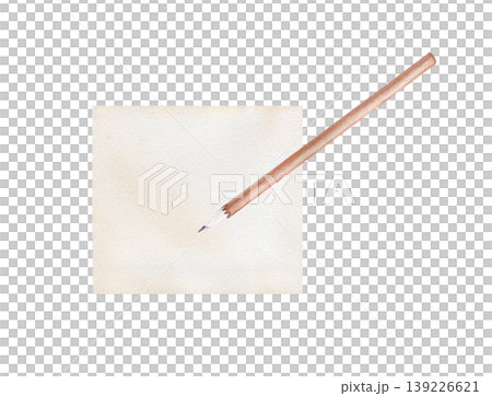 Hand-painted watercolor illustration wiht a sharp wooden pencil lying on a square piece of textured paper. Minimalist aesthetic with realistic textures, isolated on a white background. For bullet Hand-painted watercolor illustration wiht a sharp wooden pencil lying on a square piece of textured paper. Minimalist aesthetic with realistic textures, isolated on a white background. For bullet 139226621