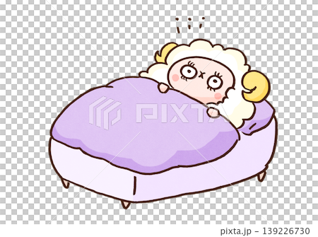 ベッドに入っても目が冴えて全く眠れない羊のイラスト（不眠症・睡眠負債） 139226730