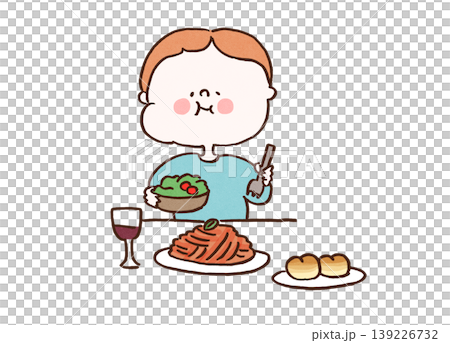 パスタを食べる前にまず野菜サラダから食べる男性のイラスト（ベジファースト・血糖値対策） 139226732