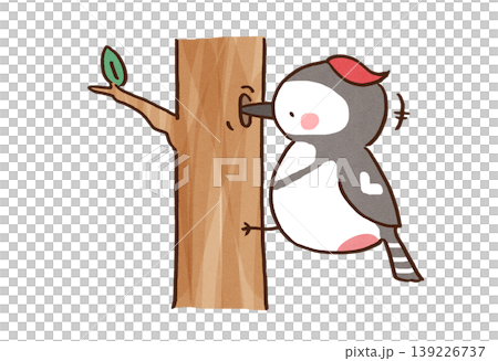 一幅啄木鳥勤奮地啄食一棵樹的插畫。 139226737