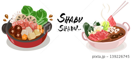 Japanese Shabu Shabu and Sukiyaki hot pot set with sliced beef, vegetables, mushrooms and tofu, hand-drawn vector illustration. 139226745