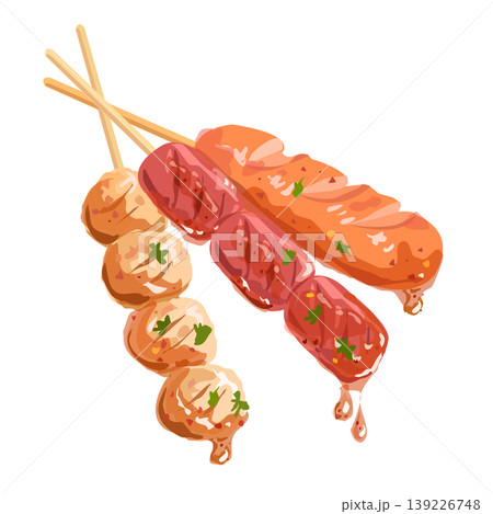 Thai street food grilled meatballs and sausages on skewers with spicy sauce, vector illustration 139226748