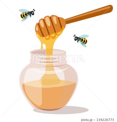 Honey dripping from wooden dipper into a glass jar with cute bees flying, vector illustration. Honey dripping from wooden dipper into a glass jar with cute bees flying, vector illustration. 139226773