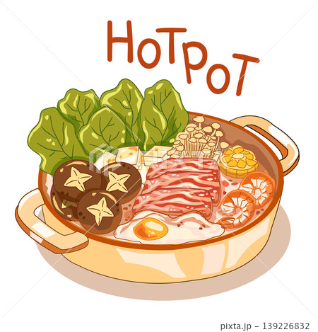 Japanese Hot Pot or Sukiyaki set with sliced meat, seafood, egg and vegetables, vector illustration. Japanese Hot Pot or Sukiyaki set with sliced meat, seafood, egg and vegetables, vector illustration. 139226832