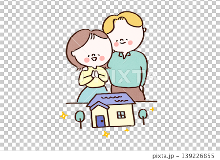 An illustration of a close couple gathered around a model house, discussing their dreams of owning their own home (Life planning, mortgage). An illustration of a close couple gathered around a model house, discussing their dreams of owning their own home (Life planning, mortgage). 139226855