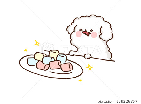 美味しそうなマシュマロを目の前に「待て」で必死に我慢する犬のイラスト（マシュマロテスト・自制心） 139226857