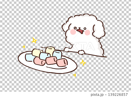 美味しそうなマシュマロを目の前に「待て」で必死に我慢する犬のイラスト（マシュマロテスト・自制心） 139226857