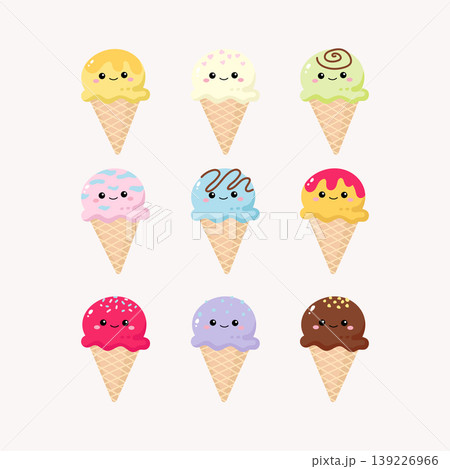 Cute ice cream cone with different flavor and toppings clipart Cute ice cream cone with different flavor and toppings clipart 139226966