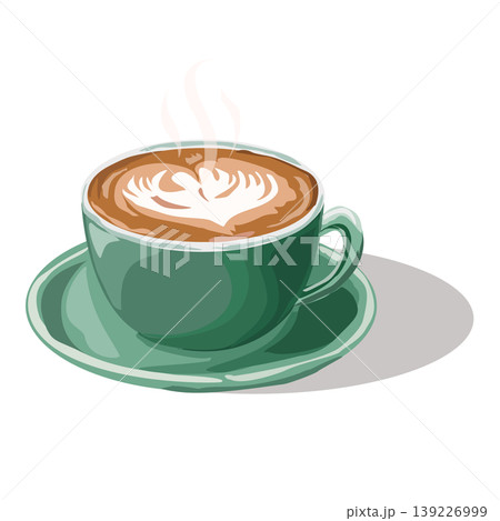 Hot coffee latte cup with beautiful latte art heart shape in green ceramic cup, vector illustration. Hot coffee latte cup with beautiful latte art heart shape in green ceramic cup, vector illustration. 139226999
