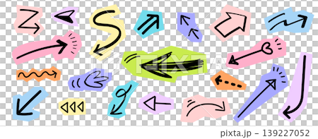 手書きのやじるしのスクラップブックコレクション。ポップな落書き風の矢印ベクターイラストセット。 手書きのやじるしのスクラップブックコレクション。ポップな落書き風の矢印ベクターイラストセット。 139227052
