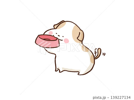ペットの食事と健康管理・空っぽのお皿を口に咥えてエサを催促する可愛い犬のイラスト ペットの食事と健康管理・空っぽのお皿を口に咥えてエサを催促する可愛い犬のイラスト 139227134
