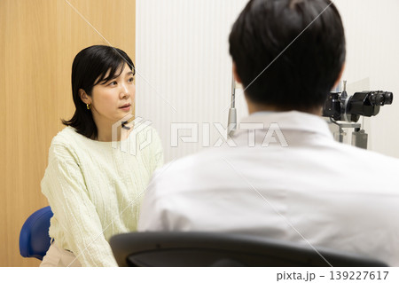 眼科医と相談する女性患者の診察シーン｜視力の悩みと治療相談 139227617
