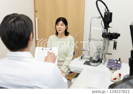 眼科クリニックで診察を受ける女性と医師のカウンセリングシーン 眼科クリニックで診察を受ける女性と医師のカウンセリングシーン 139227621
