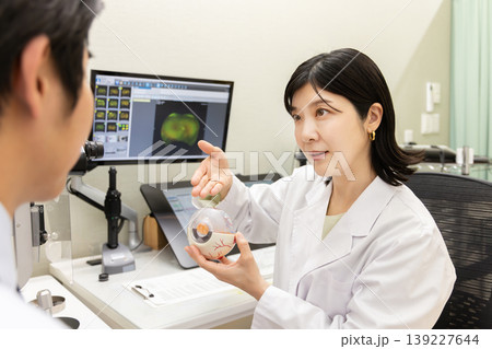 眼科医が眼球模型で説明する診察シーン・視力と目の健康カウンセリング(モニターはテスト画面のはめ込み) 眼科医が眼球模型で説明する診察シーン・視力と目の健康カウンセリング(モニターはテスト画面のはめ込み) 139227644