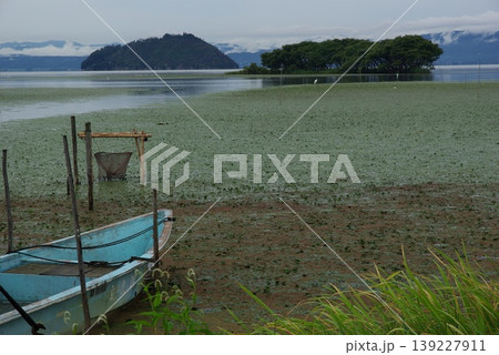 夏の滋賀県長浜市の湖畔にはヨットハーバーや遠くに小さい島が見えます。 139227911