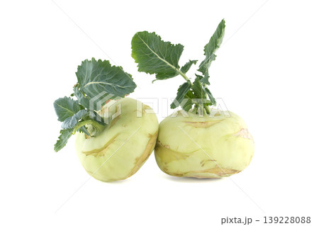 Fresh Green Kohlrabi Vegetables With Leaves Isolated On White Background 139228088