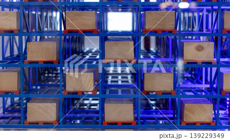Automated warehouse racking system with wooden pallets, Modern smart storage system, Smart warehouse technology and inventory management, Geometric blue industrial shelving for logistic. 139229349