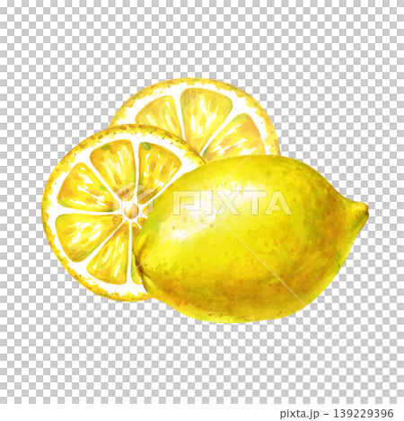Watercolor illustration with one whole yellow lemon and two round juicy slices isolated on a white background. Perfect for organic juice packaging, lemonade labels, kitchen decor, healthy lifestyle Watercolor illustration with one whole yellow lemon and two round juicy slices isolated on a white background. Perfect for organic juice packaging, lemonade labels, kitchen decor, healthy lifestyle 139229396