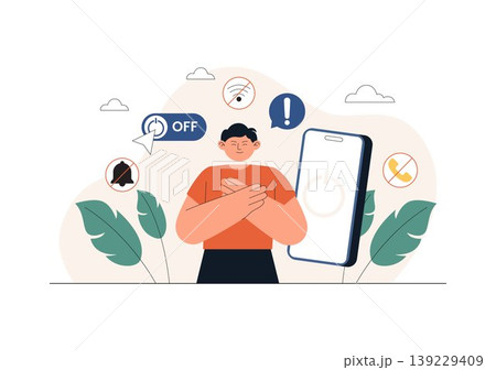 Digital Detox Vector Illustration Featuring Screen Time Reduction, Offline Lifestyle, Smartphone Disconnection, Relaxation, Outdoor Activity Design Digital Detox Vector Illustration Featuring Screen Time Reduction, Offline Lifestyle, Smartphone Disconnection, Relaxation, Outdoor Activity Design 139229409