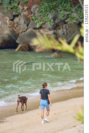 a girl walks with a dog on the beach near the cliffs in Thailand - Phuket at cloudy weather, view from the back a girl walks with a dog on the beach near the cliffs in Thailand - Phuket at cloudy weather, view from the back 139229515