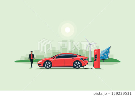 Electric Car Charging at the Charging Station with Renewable Solar Wind and City Skyline 139229531
