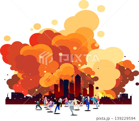 大都市の爆発炎上から逃げ惑う人々のベクターイラスト。コピースペースあり。 139229594