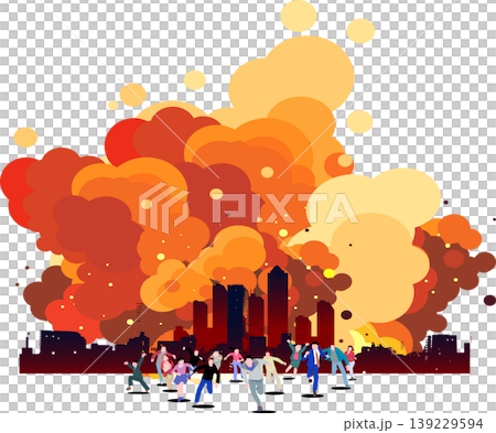 大都市の爆発炎上から逃げ惑う人々のベクターイラスト。コピースペースあり。 139229594