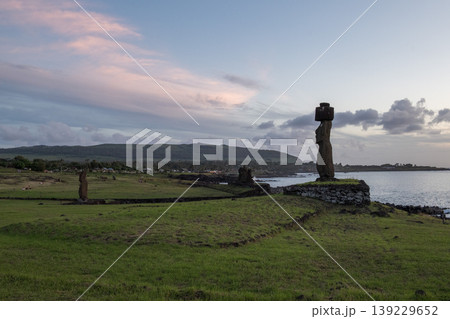 Majestic moai statue on serene easter island chile coastal landscape 139229652