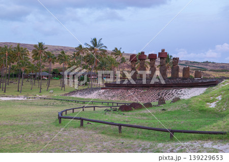 Serene moai statue at easter island chile with peaceful landscape 139229653