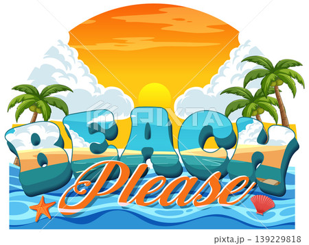 Retro Pop Typography Beach Please Illustration with Sunset and Palm Trees 139229818