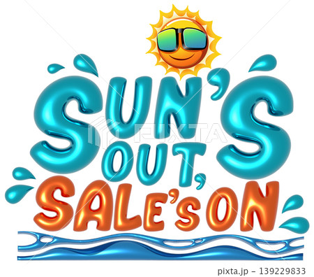 Vibrant 3D Summer Sale Typography with Smiling Sun and Water Waves 139229833