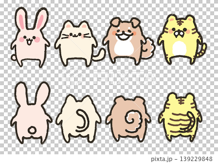 A set of illustrations showing cute animals from the front and back. 139229848