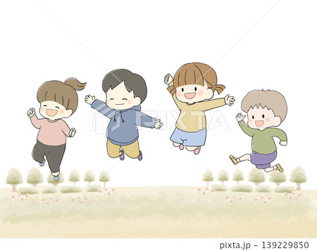 元気にジャンプする子どもたち 背景あり 元気にジャンプする子どもたち 背景あり 139229850