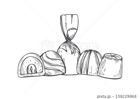 Chocolate candy collection hand drawn vector sketch. Assortment of sweet treats and dessert food. Outline illustration of cocoa confectionery for bakery, cafe menu, holiday gift and design. Chocolate candy collection hand drawn vector sketch. Assortment of sweet treats and dessert food. Outline illustration of cocoa confectionery for bakery, cafe menu, holiday gift and design. 139229968