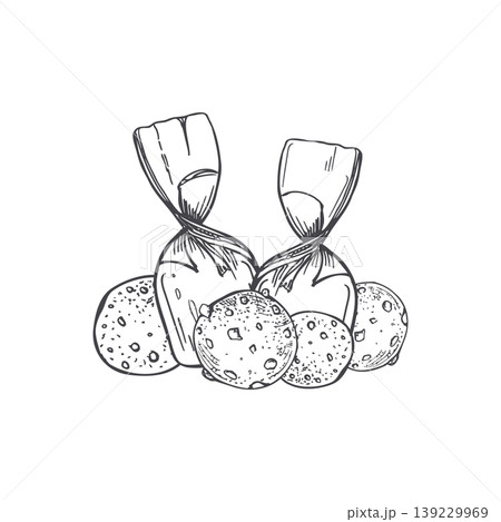 Hand drawn wrapped candy and chocolate chip cookie vector isolated illustration. Sweet treat sketch for bakery menu. Confectionery and pastry desserts for restaurant food graphic art. 139229969