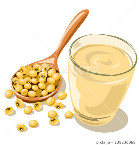 Soy milk in a glass with soybeans on a wooden spoon, vector illustration. Soy milk in a glass with soybeans on a wooden spoon, vector illustration. 139230069