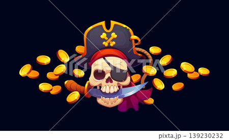 Pirate skull with dagger knife and golden coins, piracy banner. Cartoon vector corsair skull wearing tricorn captain hat with crossbones and eyepatch, evoking treasure hunting, danger and adventure 139230232