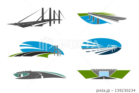 Bridge icon vector set, modern road and highway structures with spans, supports and dynamic lines symbolizing transport, infrastructure, connection, engineering, travel routes and urban architecture 139230234