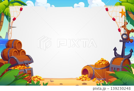 Pirate banner with empty paper scroll and treasure chests and barrels. Cartoon vector photo frame template with gold coins, anchor, rope and fishing net. Tropical island beach sea adventure background 139230248