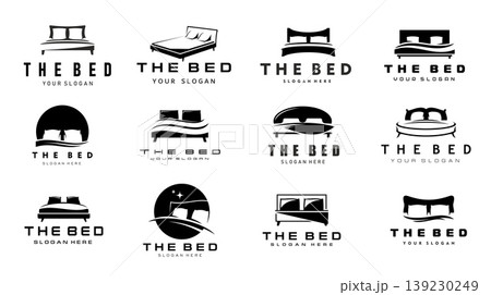 Bed icons, bedroom furniture with pillows, blankets and comfort mattresses vector silhouettes. Sleep, rest and relax, hotel and furniture store isolated symbols of modern double beds with headstands Bed icons, bedroom furniture with pillows, blankets and comfort mattresses vector silhouettes. Sleep, rest and relax, hotel and furniture store isolated symbols of modern double beds with headstands 139230249