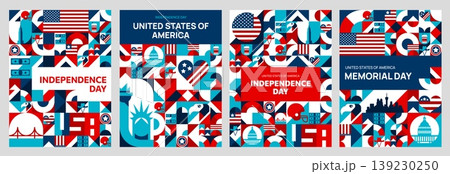 USA Independence and Memorial Day holiday posters with geometric pattern, vector backgrounds. USA pattern of US flags and American symbols of Statue of Liberty in New York and Washington Capitol USA Independence and Memorial Day holiday posters with geometric pattern, vector backgrounds. USA pattern of US flags and American symbols of Statue of Liberty in New York and Washington Capitol 139230250